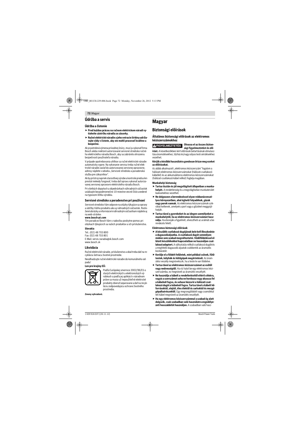 Magyar, Údržba a servis, Biztonsági előírások | Bosch GSH Professional 16-28 User Manual | Page 72 / 130