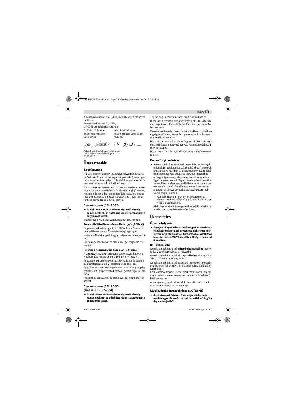 Összeszerelés, Üzemeltetés | Bosch GSH Professional 16-28 User Manual | Page 75 / 130
