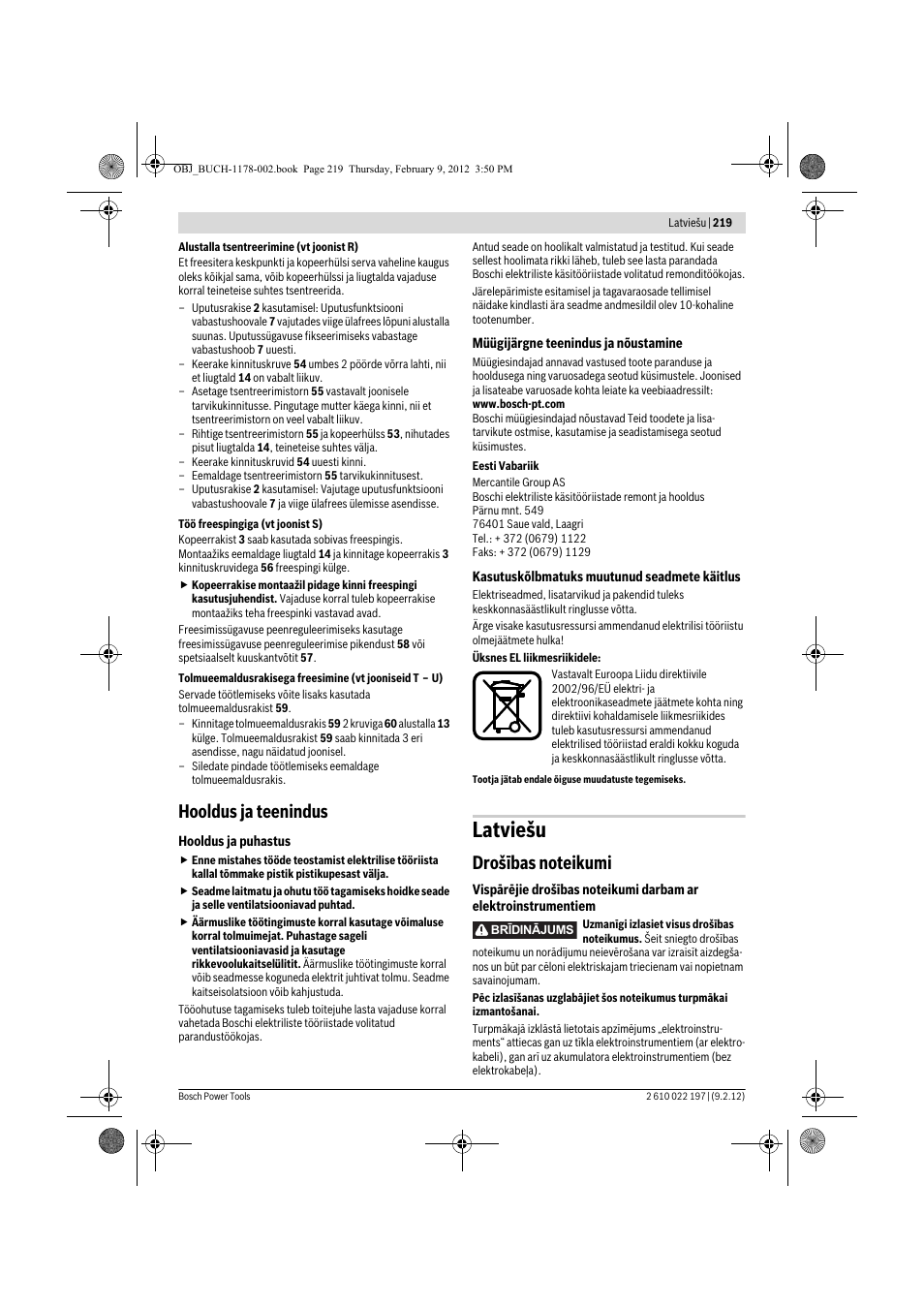 Latviešu, Hooldus ja teenindus | Bosch GMF 1600 CE Professional User Manual | Page 219 / 255