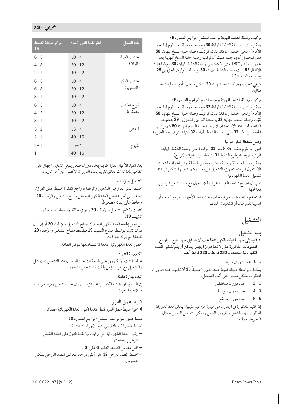ﻞﻴﻐﺸﺘﻟﺍ, ﻲﺑﺮﻋ, ﻞﻴﻐﺸﺘﻟﺍ ﺀﺪﺑ | ﺯﺮﻔﻟﺍ ﻖﻤﻋ ﻂﺒﺿ | Bosch GMF 1600 CE Professional User Manual | Page 240 / 255