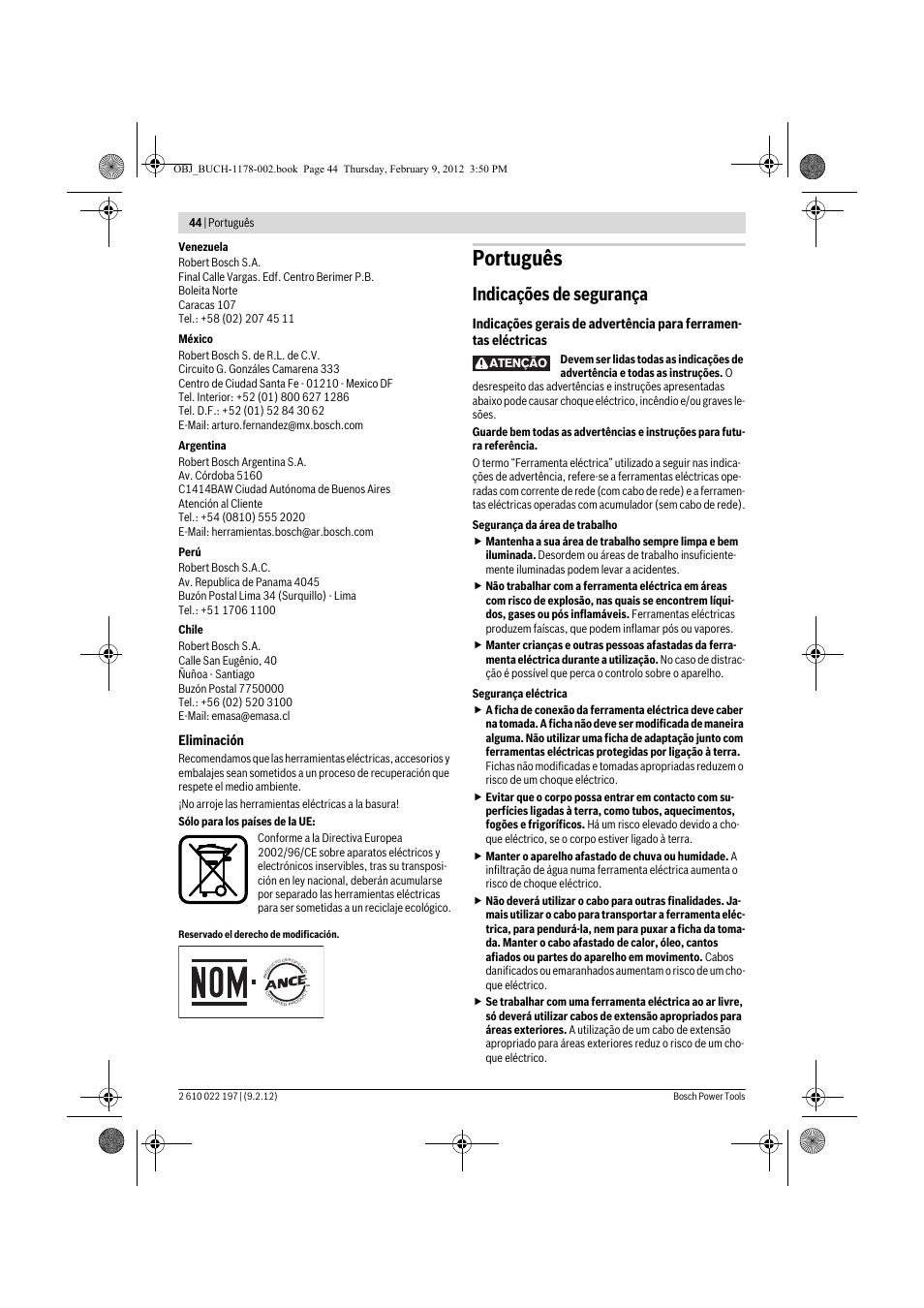 Português, Indicações de segurança | Bosch GMF 1600 CE Professional User Manual | Page 44 / 255