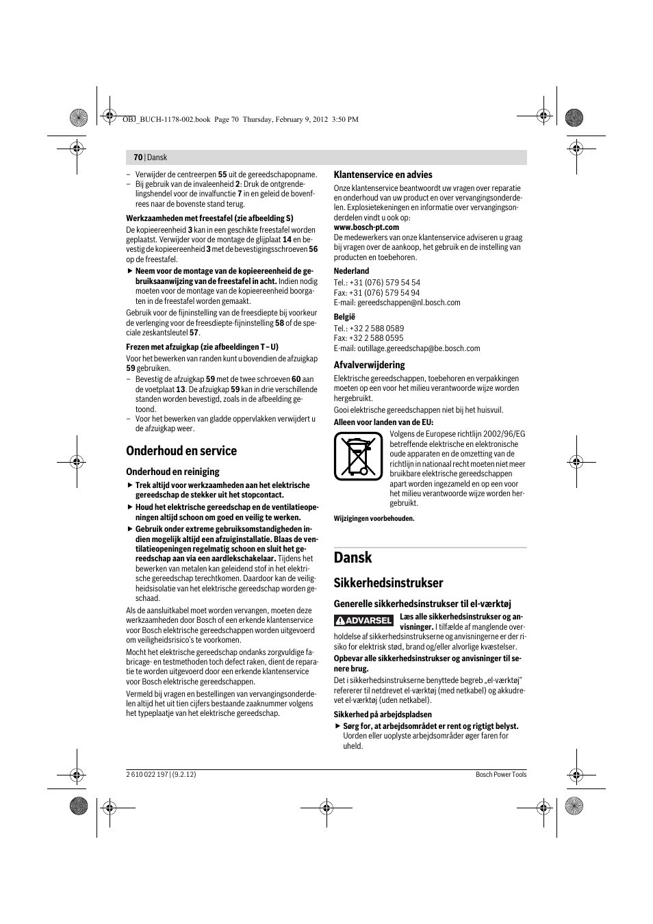 Dansk, Onderhoud en service, Sikkerhedsinstrukser | Bosch GMF 1600 CE Professional User Manual | Page 70 / 255