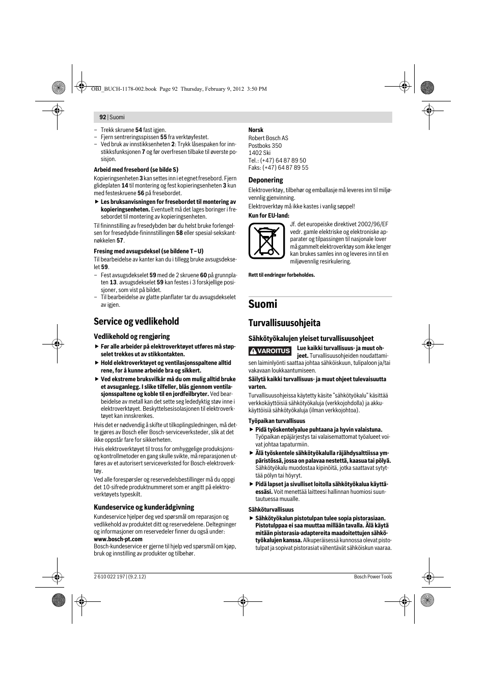 Suomi, Service og vedlikehold, Turvallisuusohjeita | Bosch GMF 1600 CE Professional User Manual | Page 92 / 255