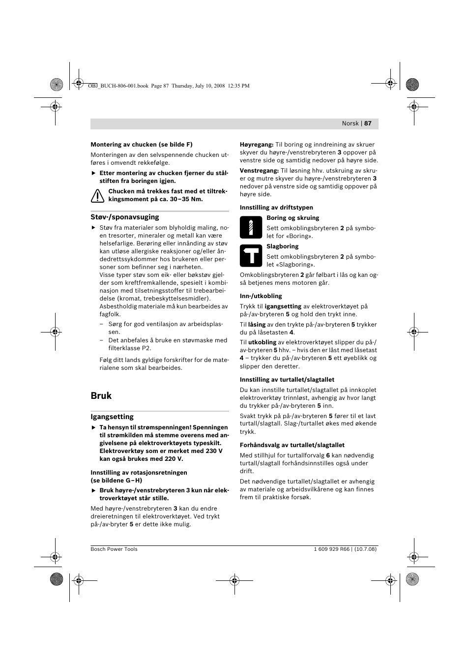 Bruk | Bosch GSB 16 RE Professional User Manual | Page 87 / 229