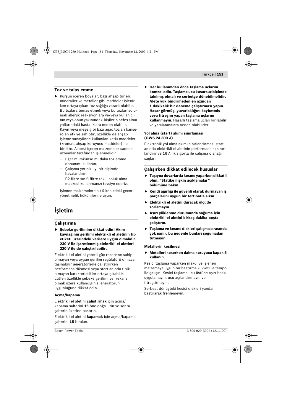 Işletim | Bosch GWS Professional 24-300 User Manual | Page 151 / 337