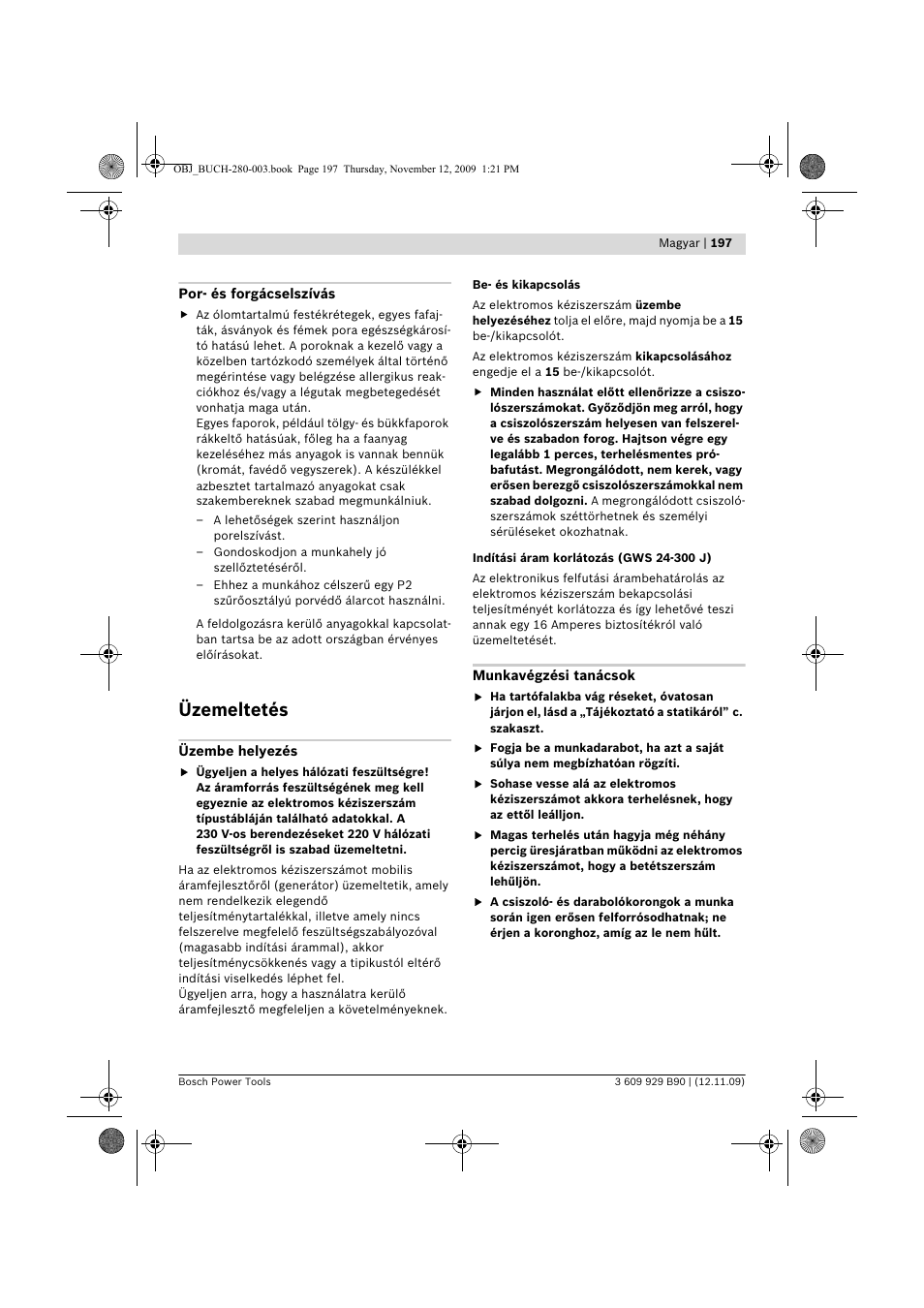 Üzemeltetés | Bosch GWS Professional 24-300 User Manual | Page 197 / 337
