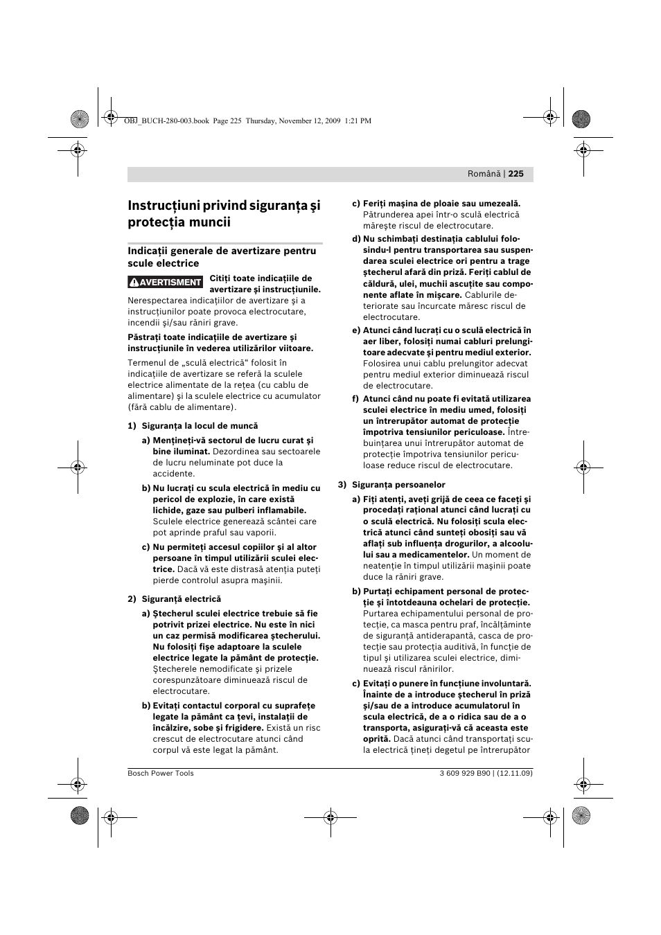 Instrucţiuni privind siguranţa şi protecţia muncii | Bosch GWS Professional 24-300 User Manual | Page 225 / 337