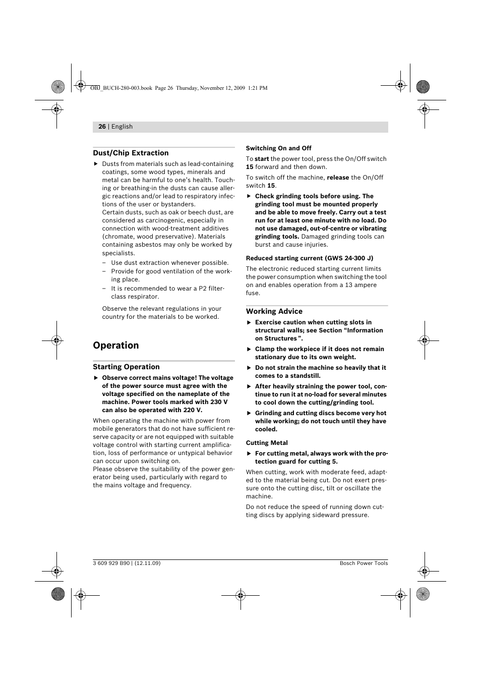Operation | Bosch GWS Professional 24-300 User Manual | Page 26 / 337