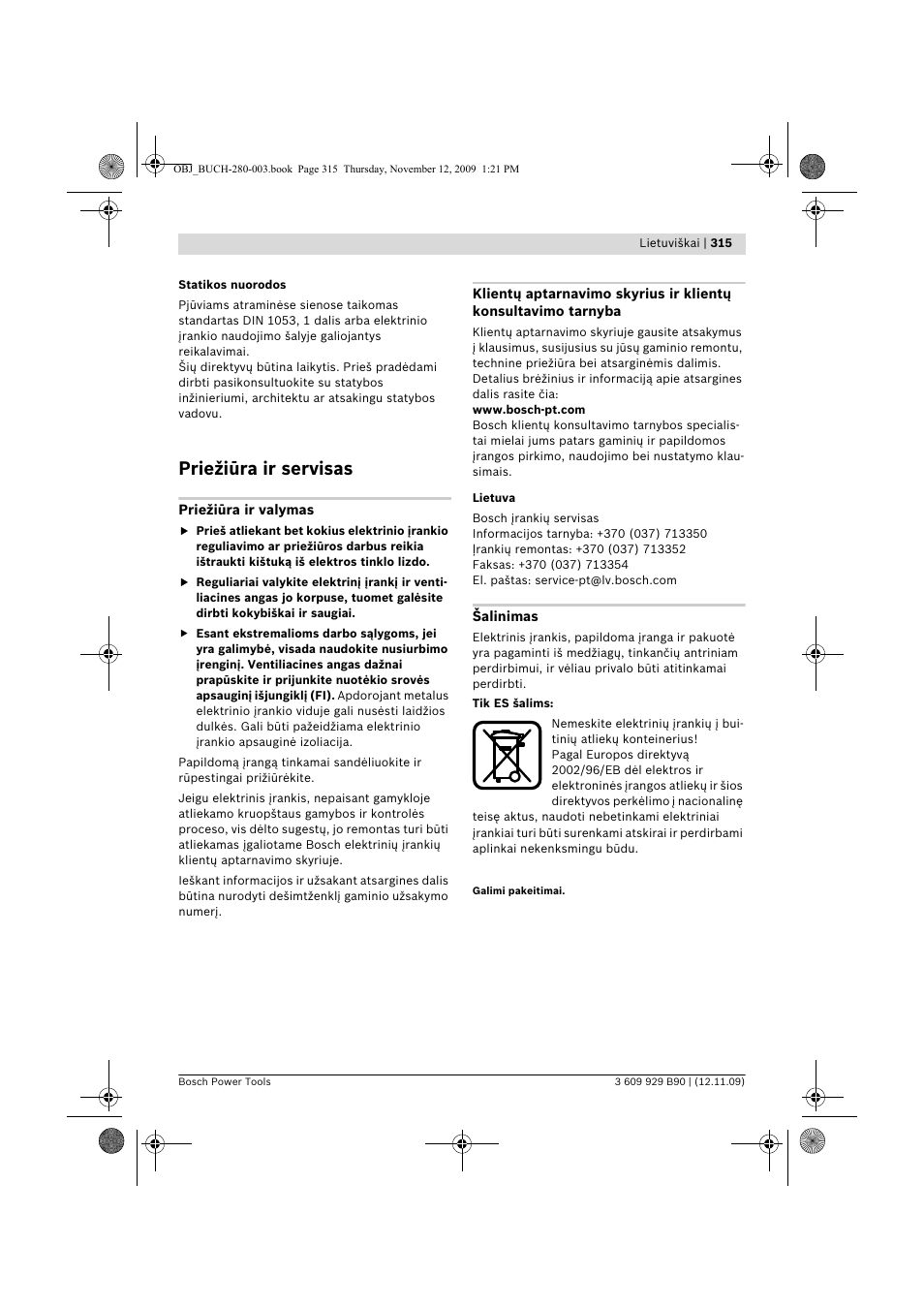 Priežiūra ir servisas | Bosch GWS Professional 24-300 User Manual | Page 315 / 337