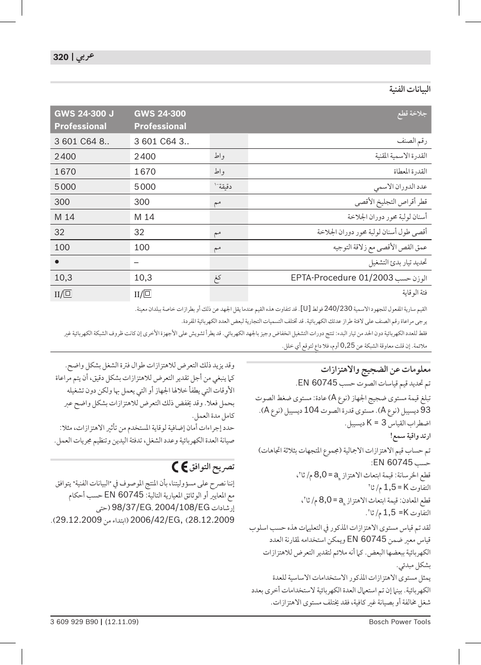 ﻲﺑﺮﻋ, ﺔﻴﻨﻔﻟﺍ ﺕﺎﻧﺎﻴﺒﻟﺍ, ﺕﺍﺯﺍﺰﺘﻫﻻﺍﻭ ﺞﻴﺠﻀﻟﺍ ﻦﻋ ﺕﺎﻣﻮﻠﻌﻣ | ﻖﻓﺍﻮﺘﻟﺍ ﺢﻳﴫﺗ | Bosch GWS Professional 24-300 User Manual | Page 320 / 337