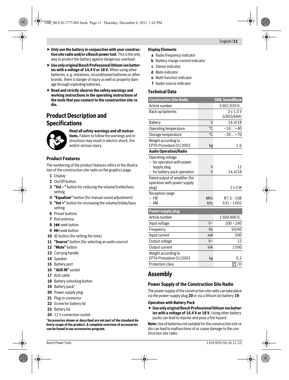 Product description and specifications, Assembly | Bosch GML SoundBoxx Professional 14,4 V User Manual | Page 11 / 157