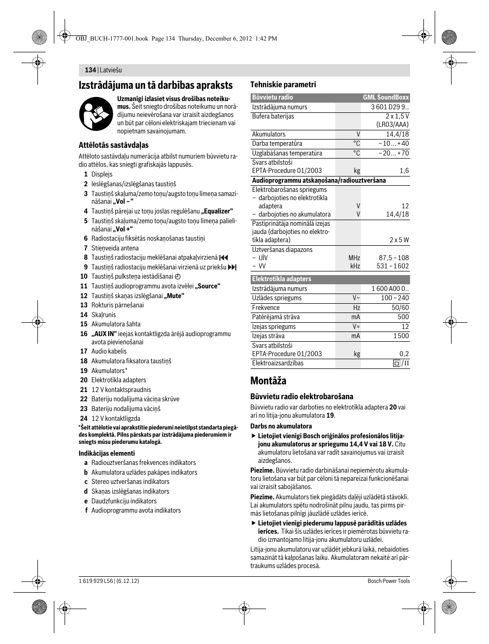 Izstrādājuma un tā darbības apraksts, Montāža | Bosch GML SoundBoxx Professional 14,4 V User Manual | Page 134 / 157