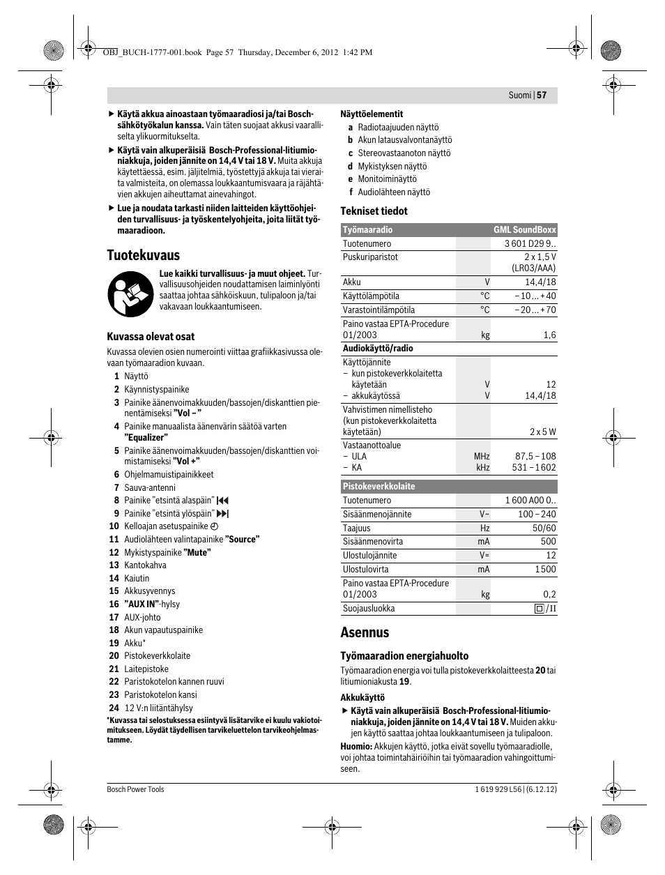 Tuotekuvaus, Asennus | Bosch GML SoundBoxx Professional 14,4 V User Manual | Page 57 / 157