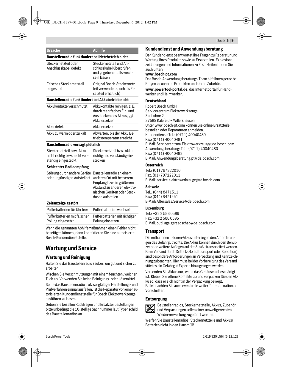 Wartung und service | Bosch GML SoundBoxx Professional 14,4 V User Manual | Page 9 / 157