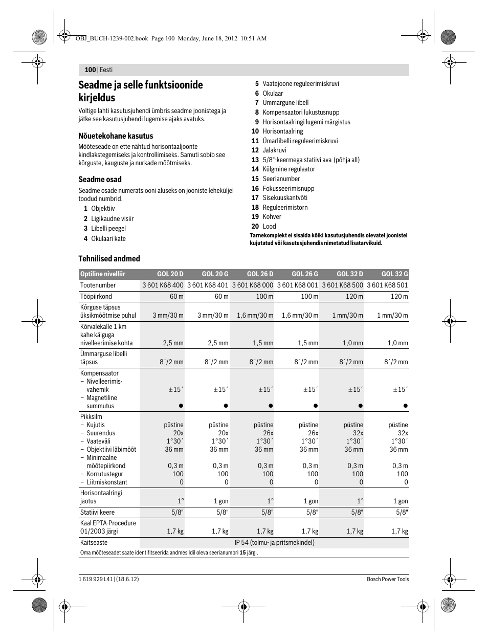 Seadme ja selle funktsioonide kirjeldus | Bosch GOL Professional 20 D User Manual | Page 100 / 144