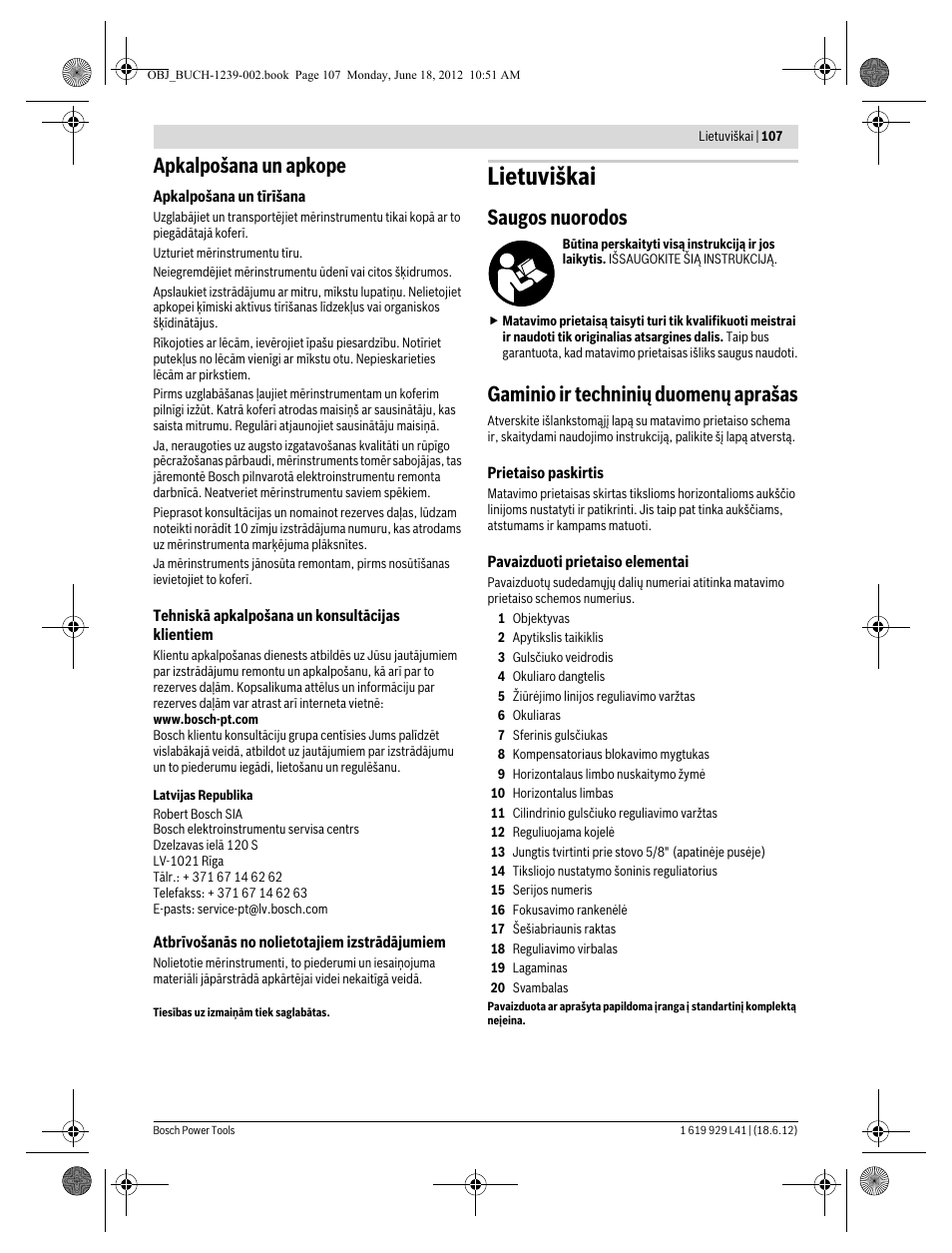 Lietuviškai, Apkalpošana un apkope, Saugos nuorodos | Gaminio ir techninių duomenų aprašas | Bosch GOL Professional 20 D User Manual | Page 107 / 144