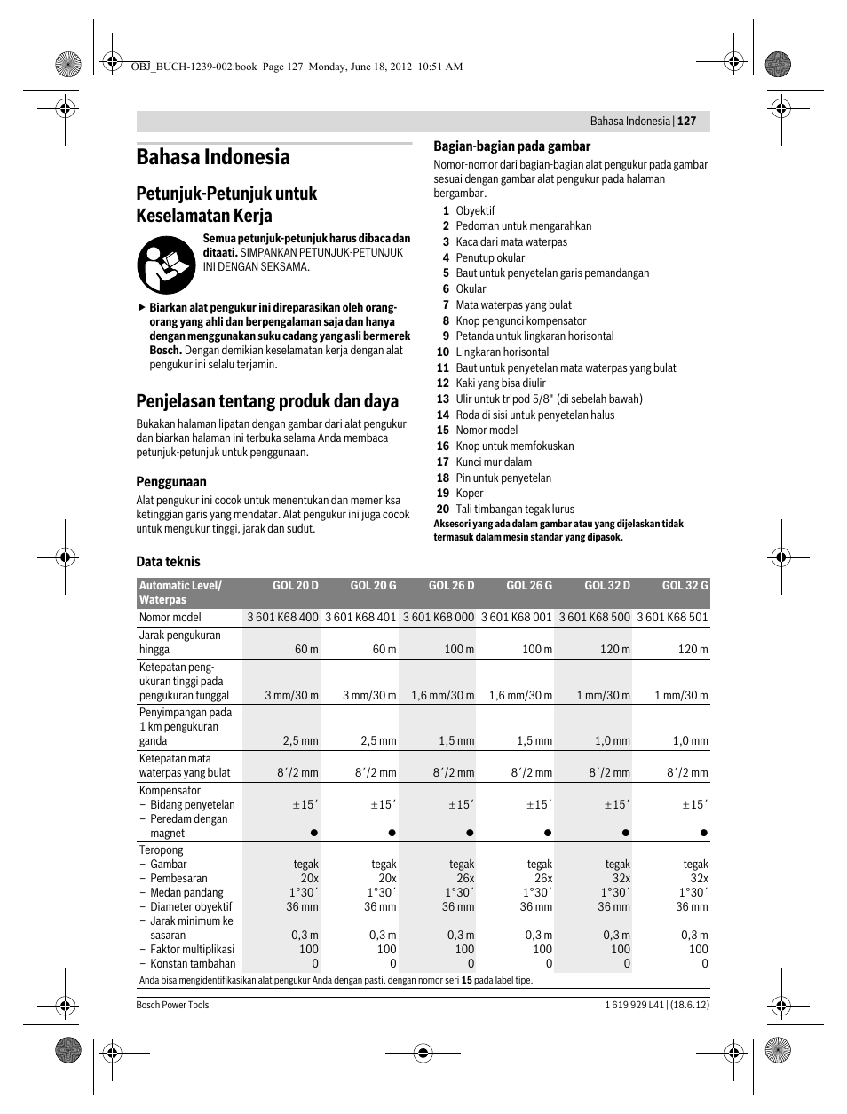 Bahasa indonesia, Petunjuk-petunjuk untuk keselamatan kerja, Penjelasan tentang produk dan daya | Bosch GOL Professional 20 D User Manual | Page 127 / 144