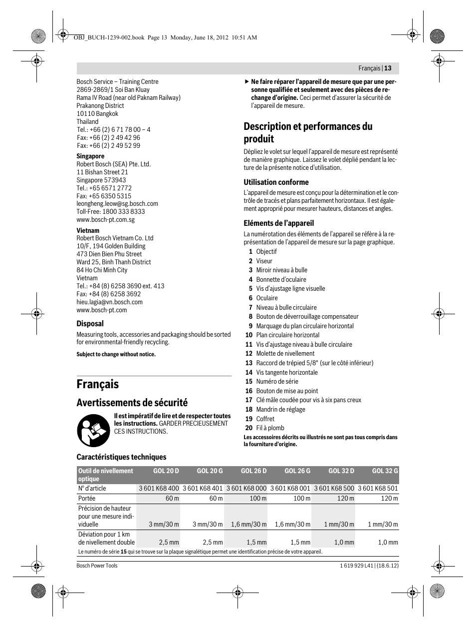 Français, Avertissements de sécurité, Description et performances du produit | Bosch GOL Professional 20 D User Manual | Page 13 / 144