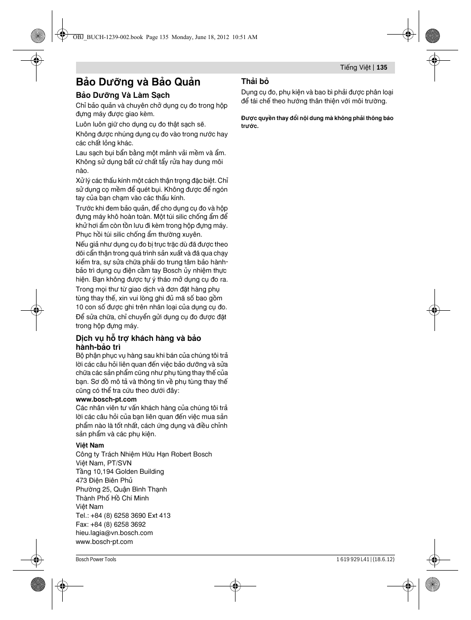Bωo dõîng vμ bωo quωn | Bosch GOL Professional 20 D User Manual | Page 135 / 144