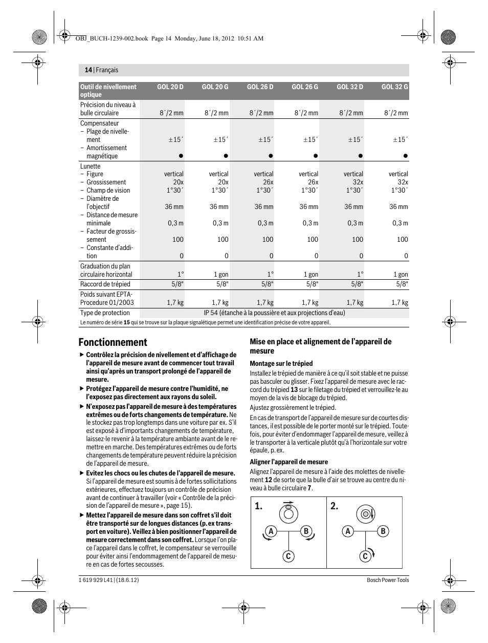 Fonctionnement | Bosch GOL Professional 20 D User Manual | Page 14 / 144