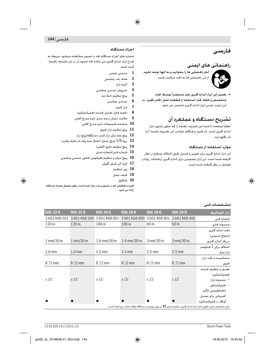 ﻰﺳرﺎﻓ, ﻨﻤ ا ﺎﻫ ﺋﺎﻤﻨﻫار, نآ دﺮ ﻠﻤﻋ و هﺎﮕﺘﺳد ﺢ ﺮﺸﺗ | ﺳرﺎﻓ | Bosch GOL Professional 20 D User Manual | Page 144 / 144
