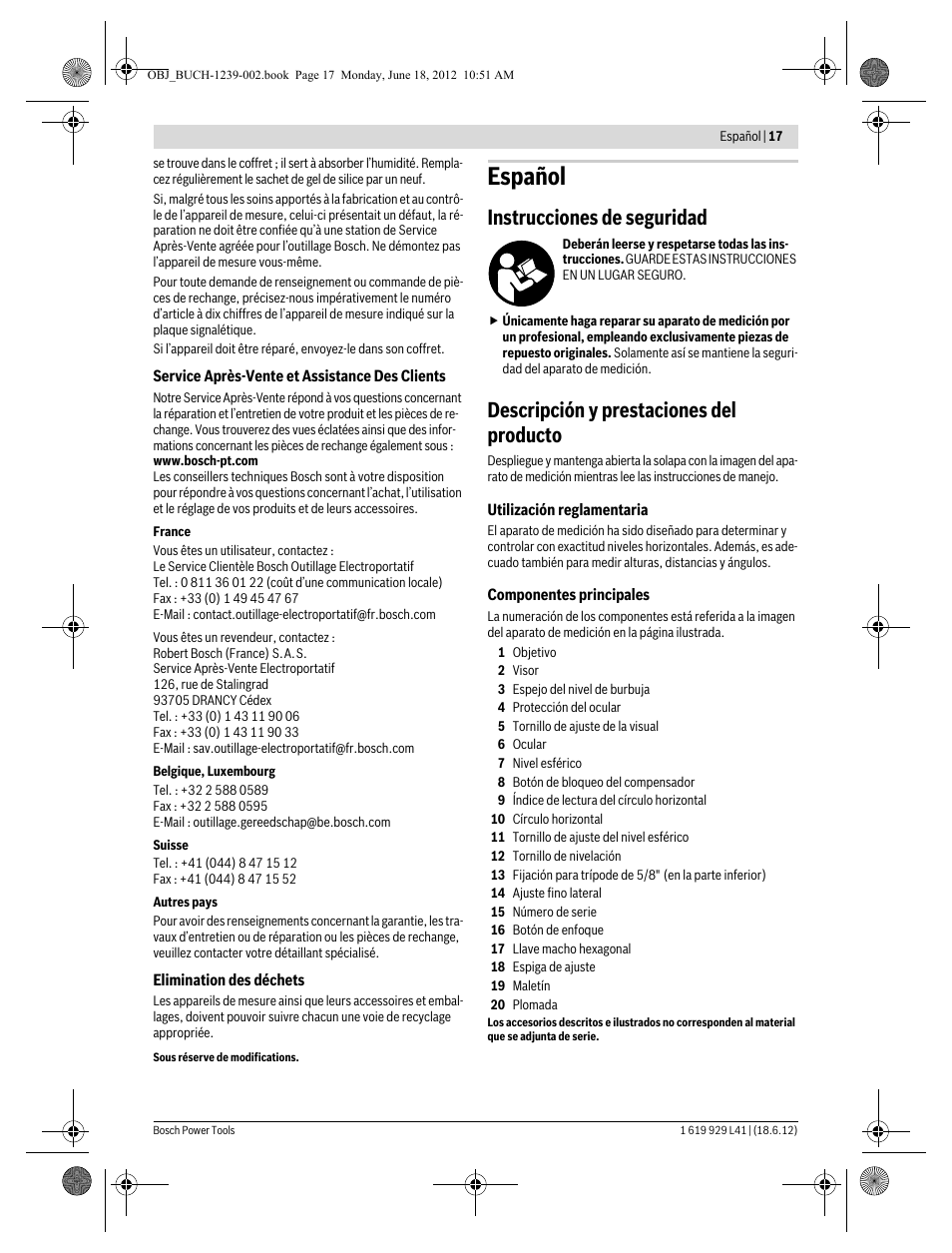 Español, Instrucciones de seguridad, Descripción y prestaciones del producto | Bosch GOL Professional 20 D User Manual | Page 17 / 144