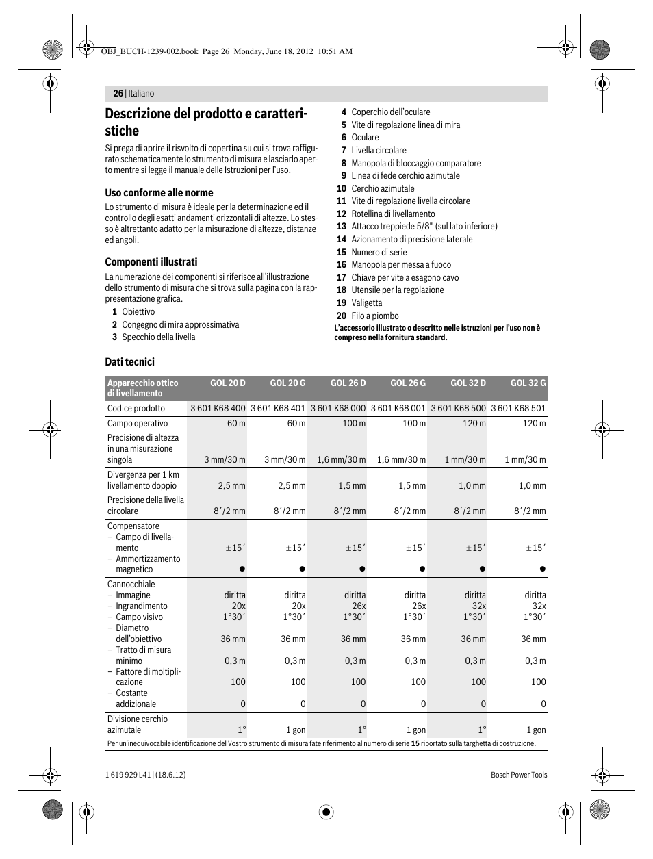 Descrizione del prodotto e caratteri- stiche | Bosch GOL Professional 20 D User Manual | Page 26 / 144