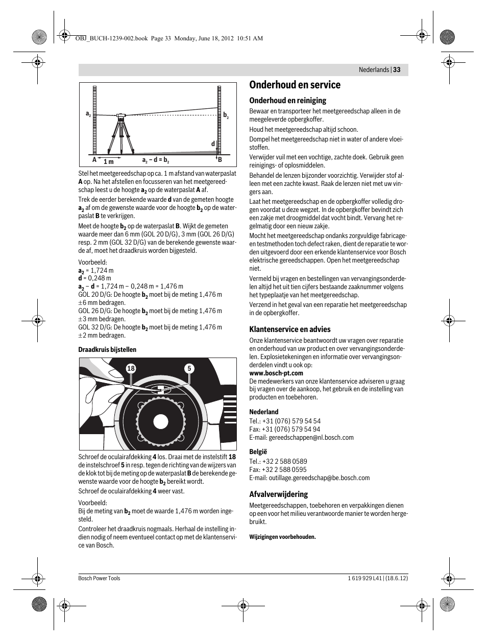 Onderhoud en service | Bosch GOL Professional 20 D User Manual | Page 33 / 144