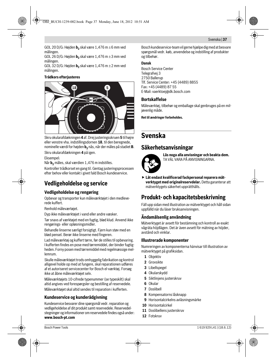 Svenska, Vedligeholdelse og service, Säkerhetsanvisningar | Produkt- och kapacitetsbeskrivning | Bosch GOL Professional 20 D User Manual | Page 37 / 144