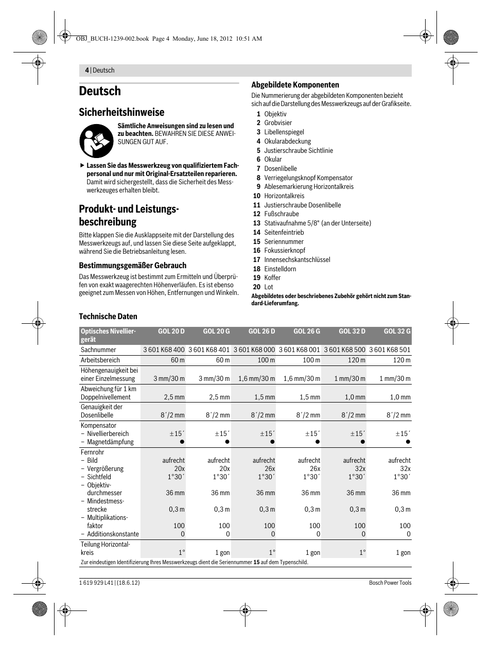 Deutsch, Sicherheitshinweise, Produkt- und leistungs- beschreibung | Bosch GOL Professional 20 D User Manual | Page 4 / 144