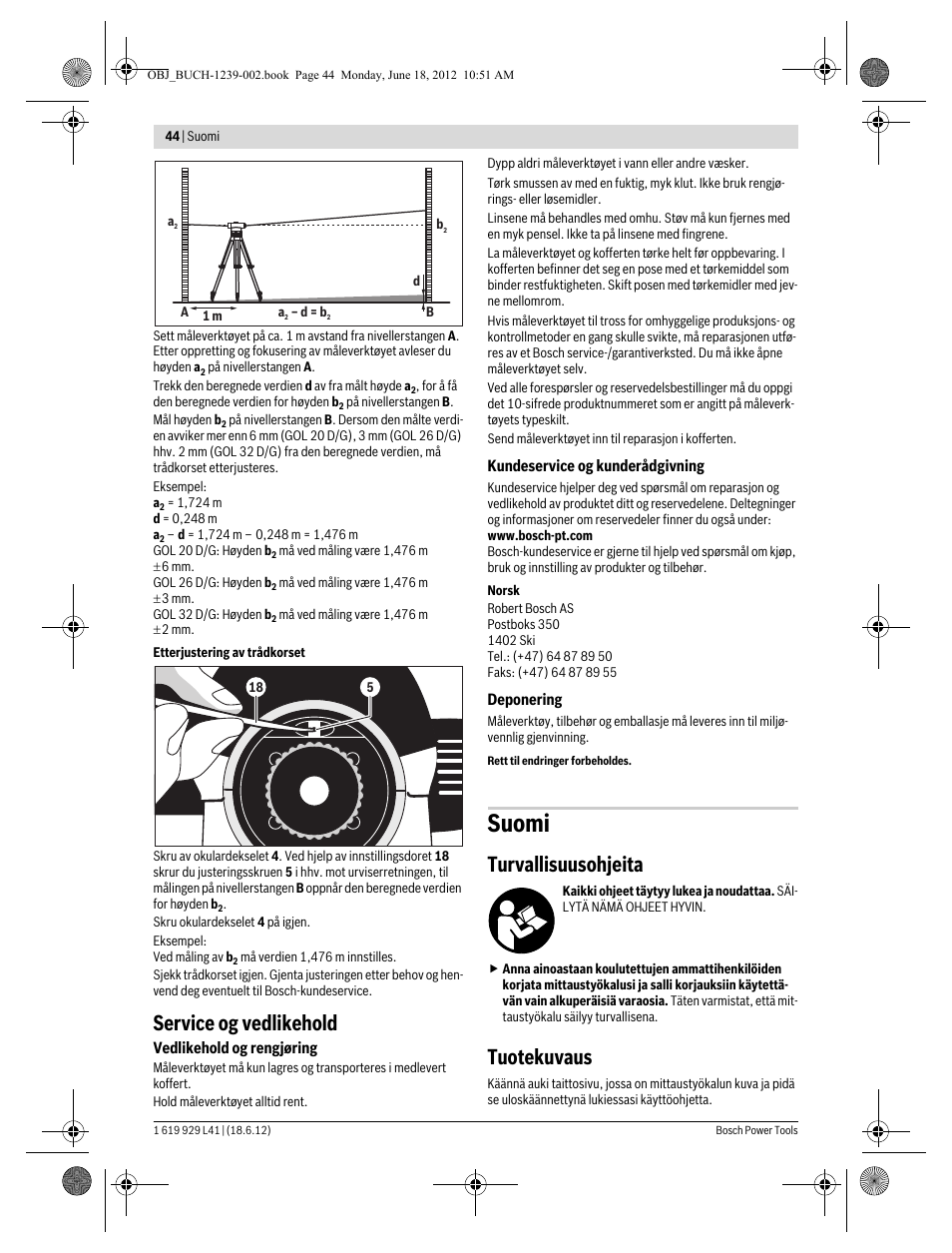 Suomi, Service og vedlikehold, Turvallisuusohjeita | Tuotekuvaus | Bosch GOL Professional 20 D User Manual | Page 44 / 144