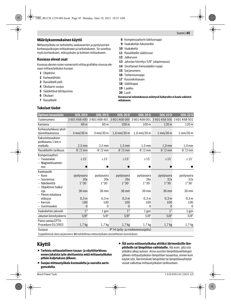 Käyttö | Bosch GOL Professional 20 D User Manual | Page 45 / 144