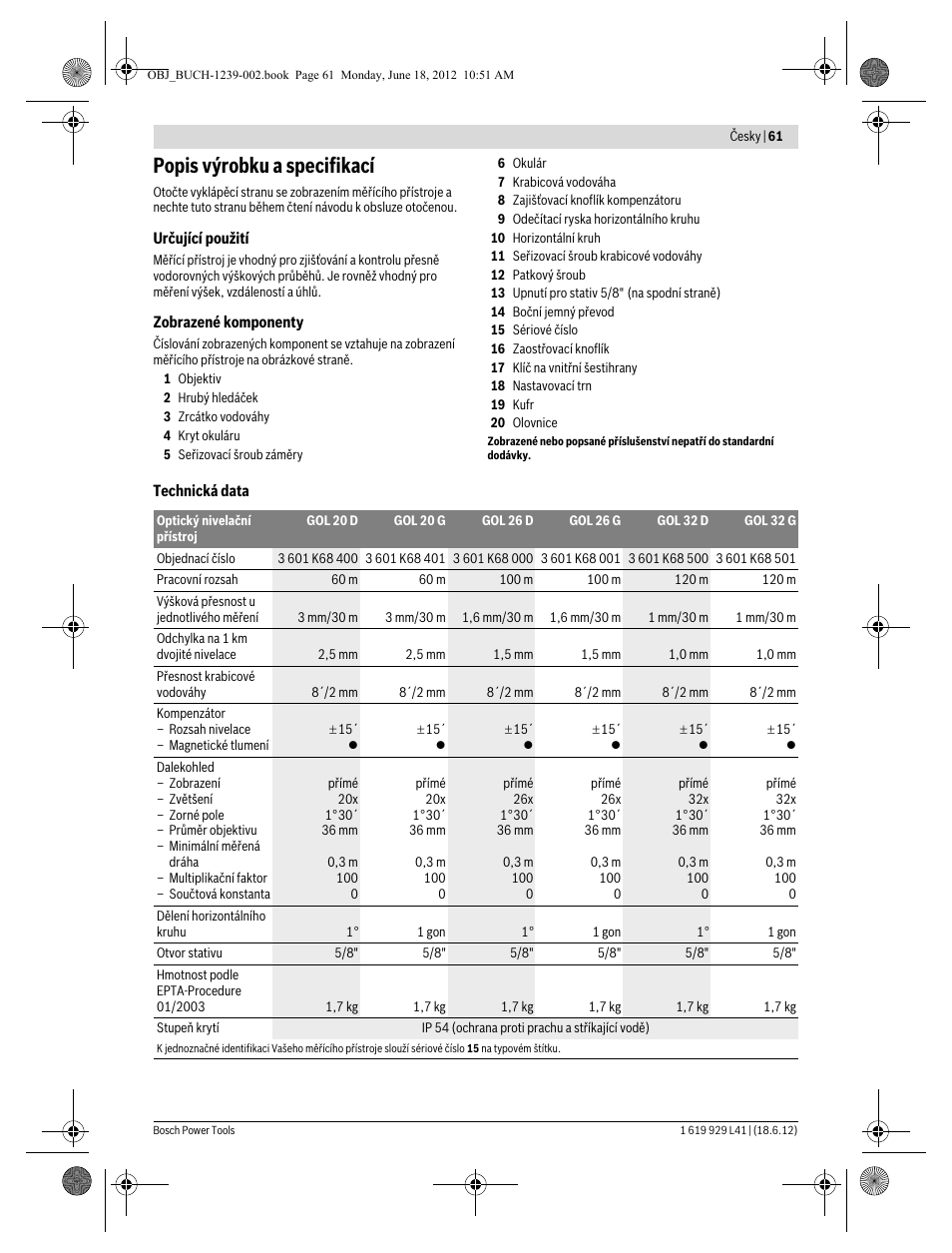 Popis výrobku a specifikací | Bosch GOL Professional 20 D User Manual | Page 61 / 144
