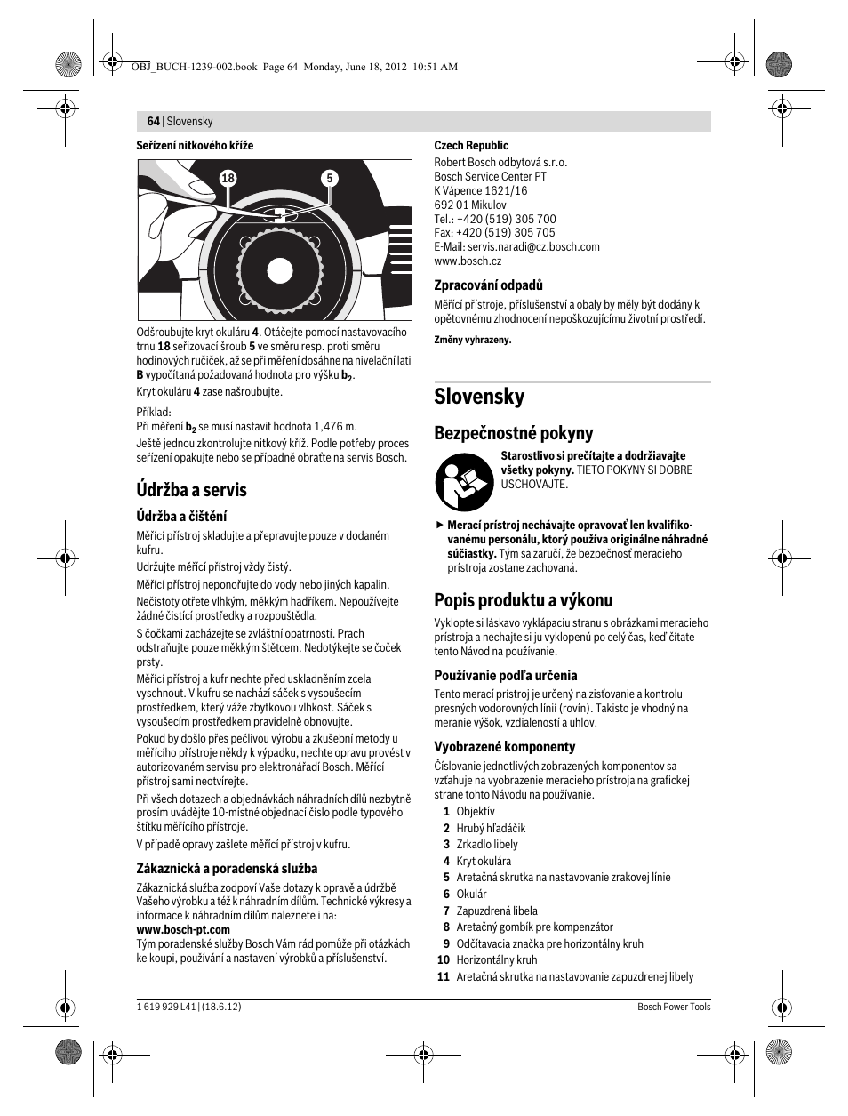 Slovensky, Údržba a servis, Bezpečnostné pokyny | Popis produktu a výkonu | Bosch GOL Professional 20 D User Manual | Page 64 / 144