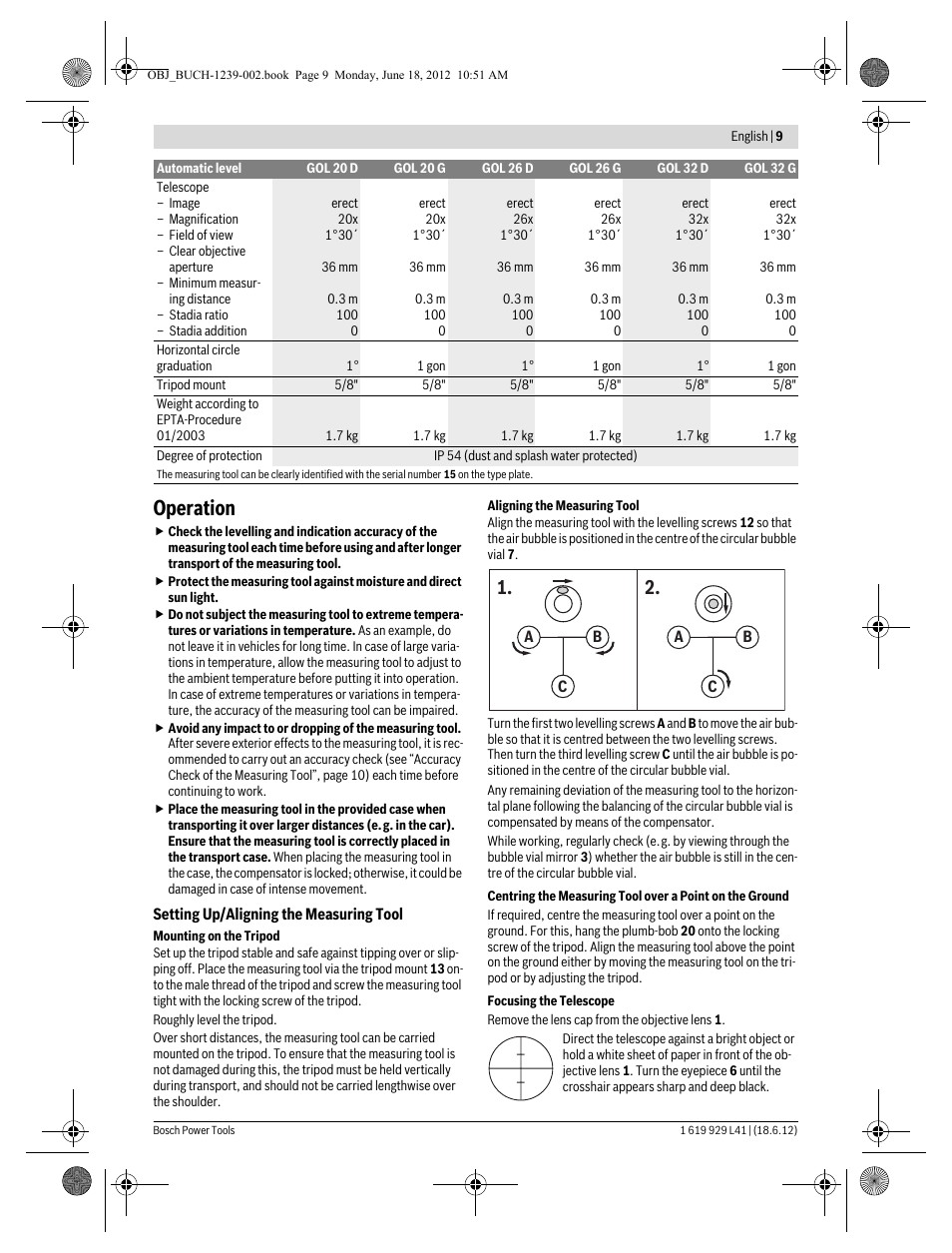 Operation | Bosch GOL Professional 20 D User Manual | Page 9 / 144