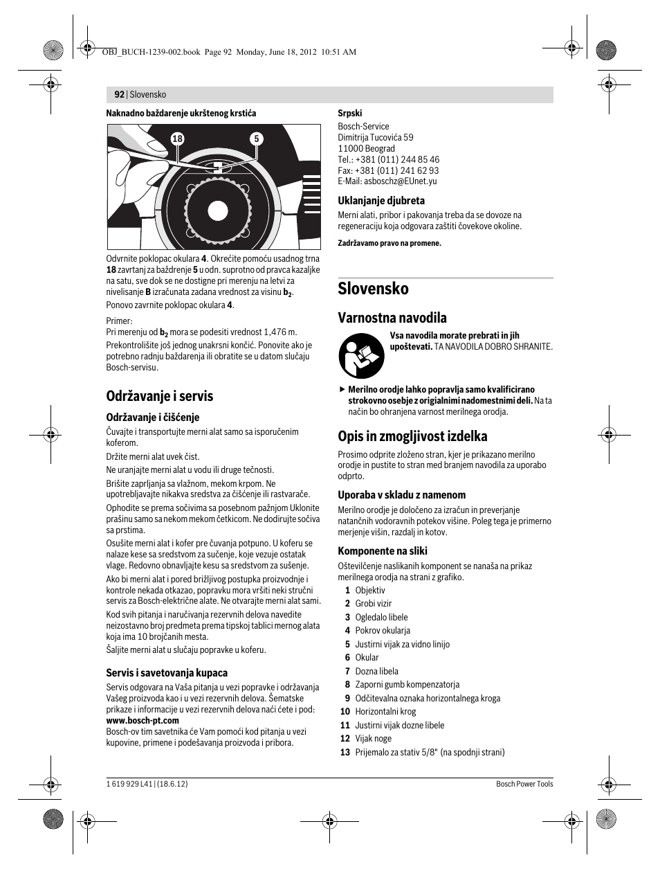 Slovensko, Održavanje i servis, Varnostna navodila | Opis in zmogljivost izdelka | Bosch GOL Professional 20 D User Manual | Page 92 / 144