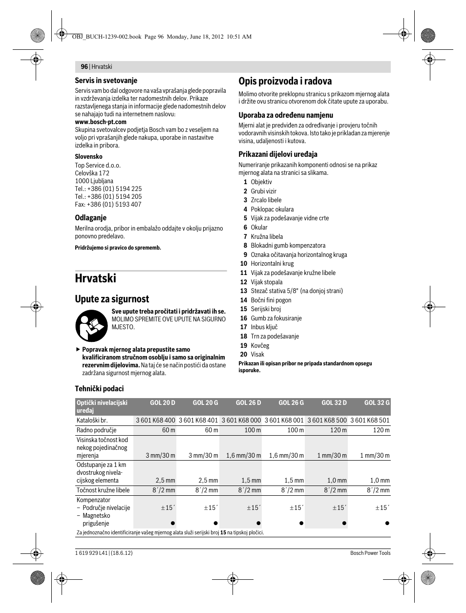 Hrvatski, Upute za sigurnost, Opis proizvoda i radova | Bosch GOL Professional 20 D User Manual | Page 96 / 144