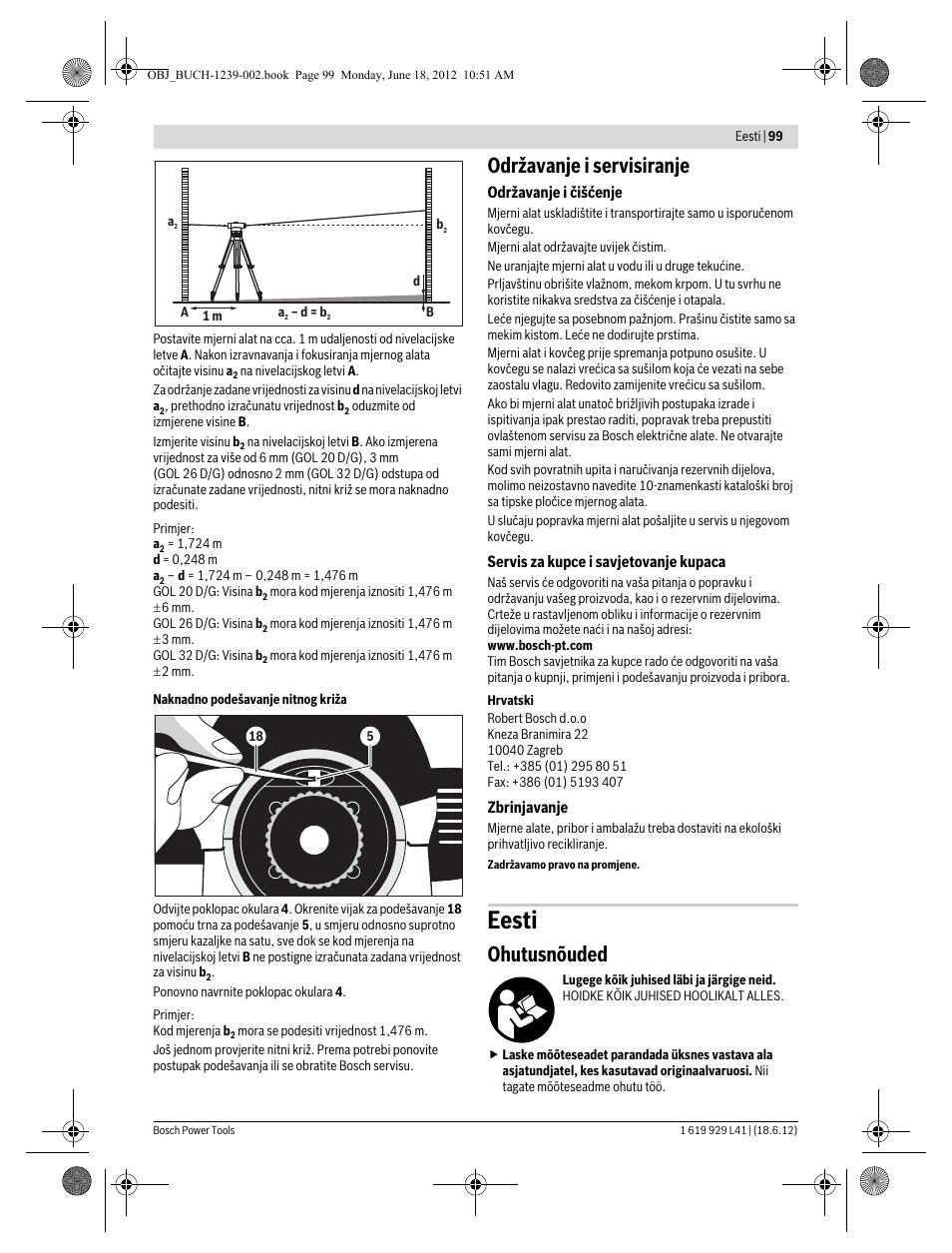 Eesti, Održavanje i servisiranje, Ohutusnõuded | Bosch GOL Professional 20 D User Manual | Page 99 / 144