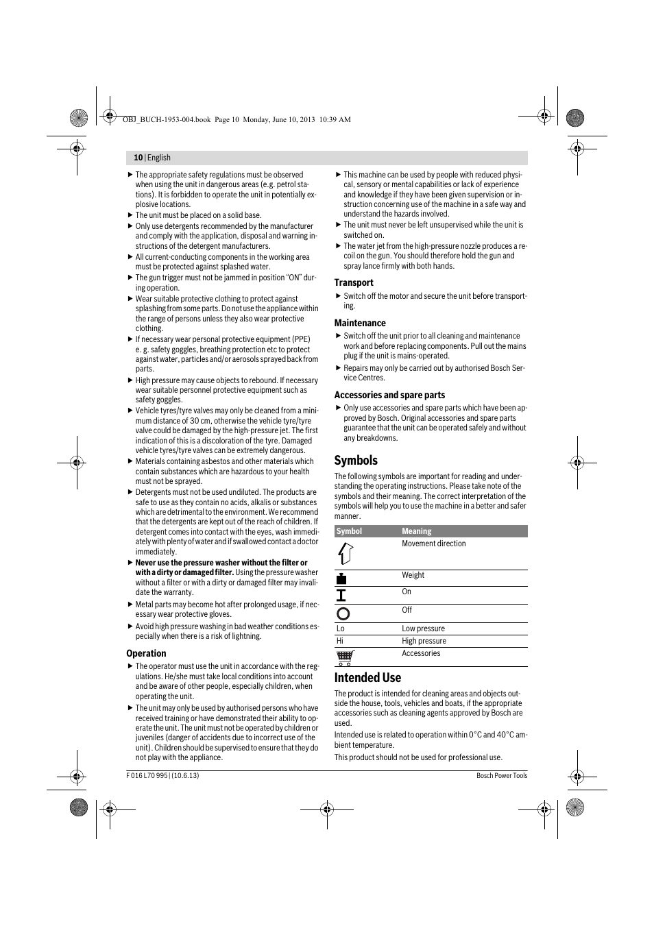Symbols, Intended use | Bosch AQT 35-12 User Manual | Page 10 / 205