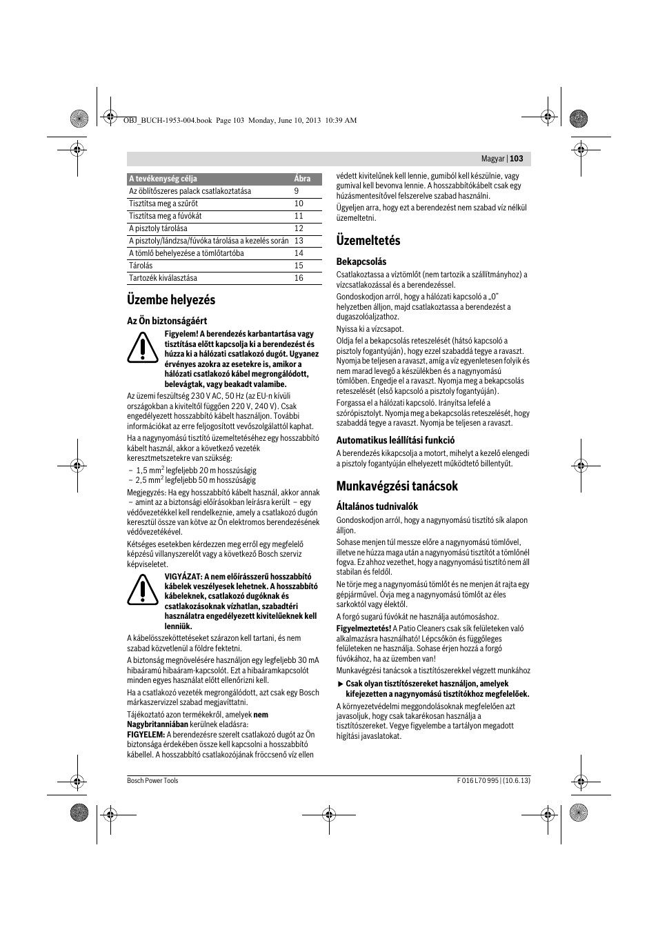 Üzembe helyezés, Üzemeltetés, Munkavégzési tanácsok | Bosch AQT 35-12 User Manual | Page 103 / 205