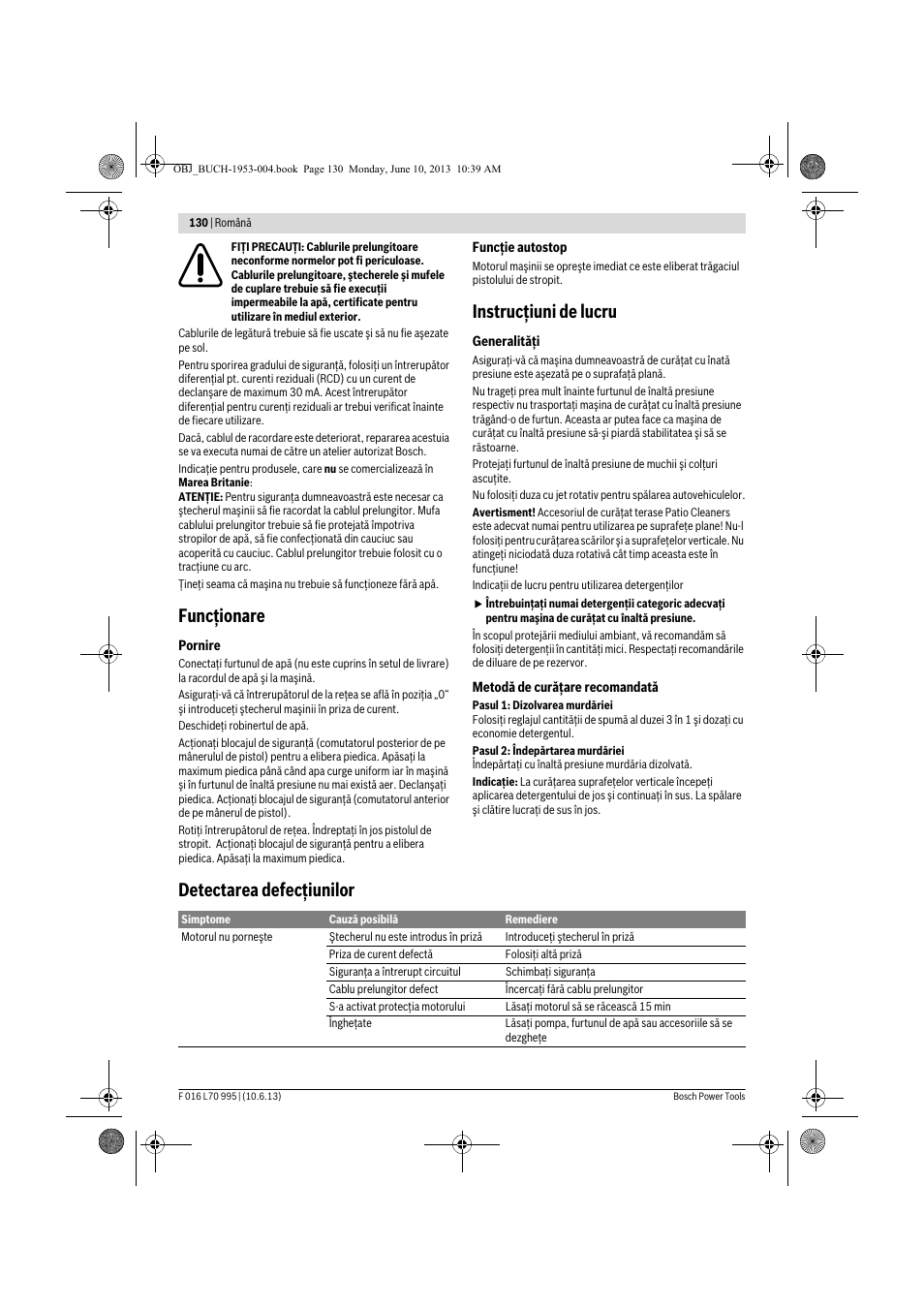 Funcţionare, Instrucţiuni de lucru, Detectarea defecţiunilor | Bosch AQT 35-12 User Manual | Page 130 / 205