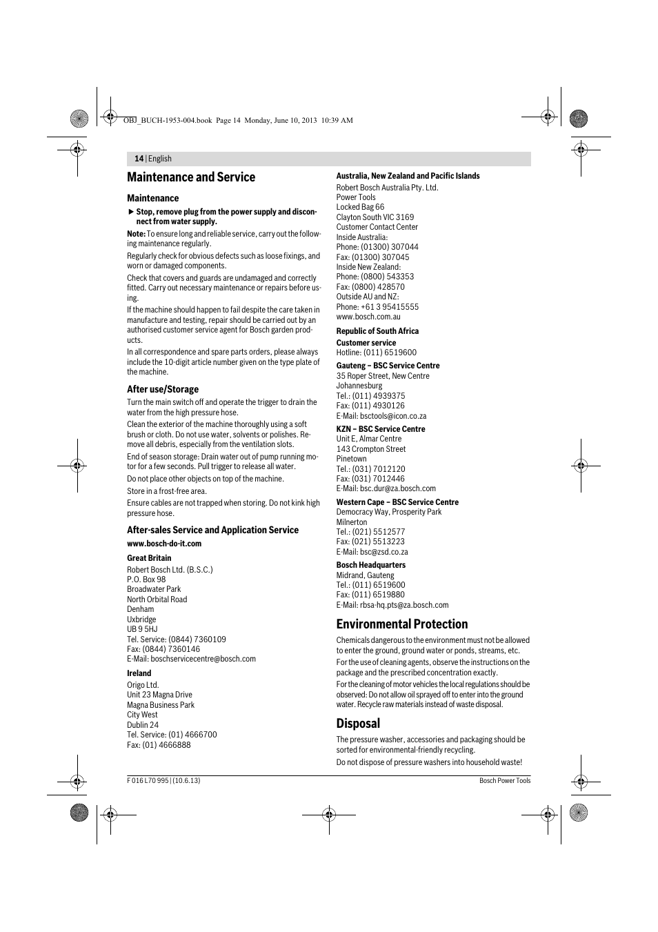 Maintenance and service, Environmental protection, Disposal | Bosch AQT 35-12 User Manual | Page 14 / 205