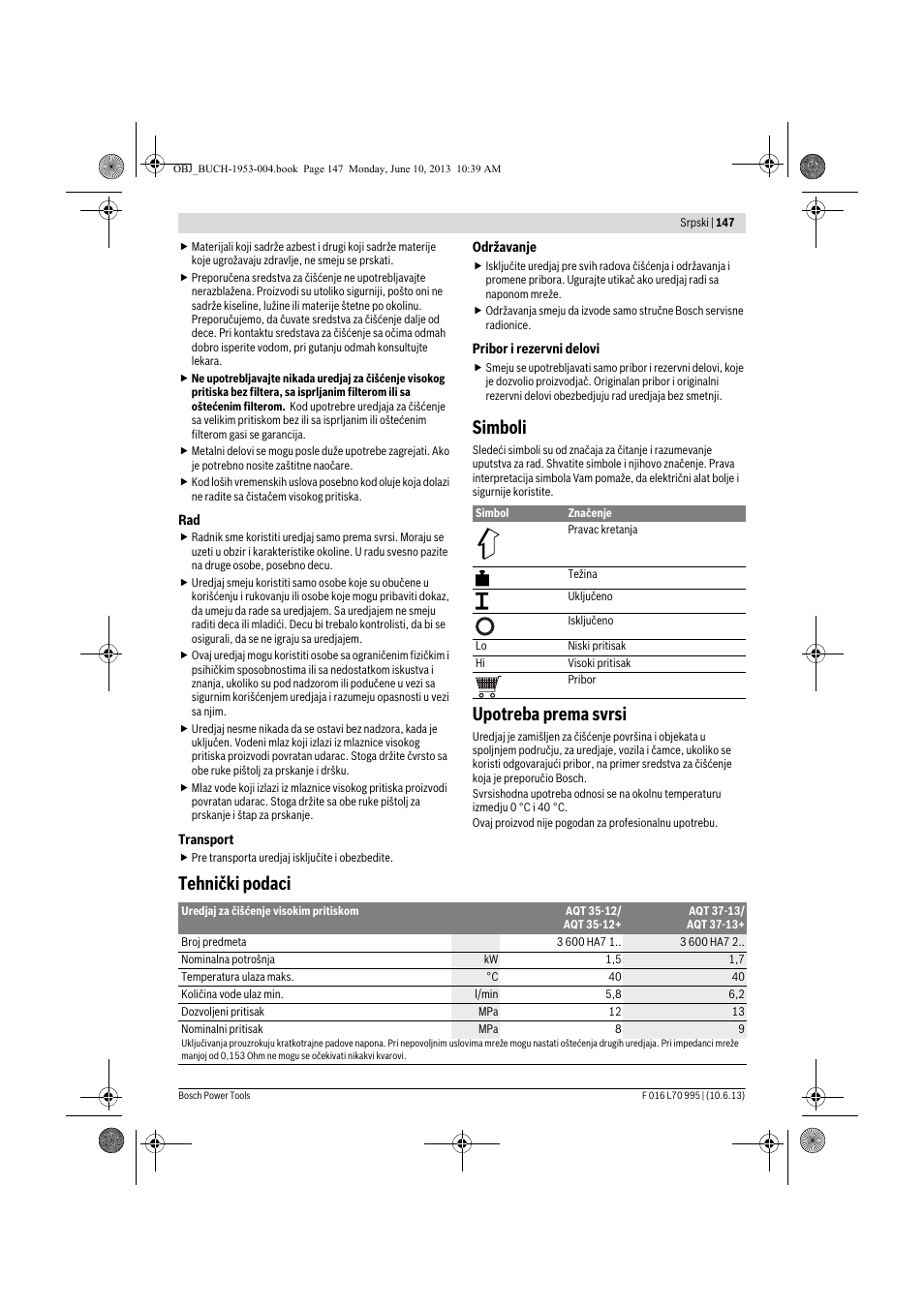 Simboli, Upotreba prema svrsi, Tehnički podaci | Bosch AQT 35-12 User Manual | Page 147 / 205