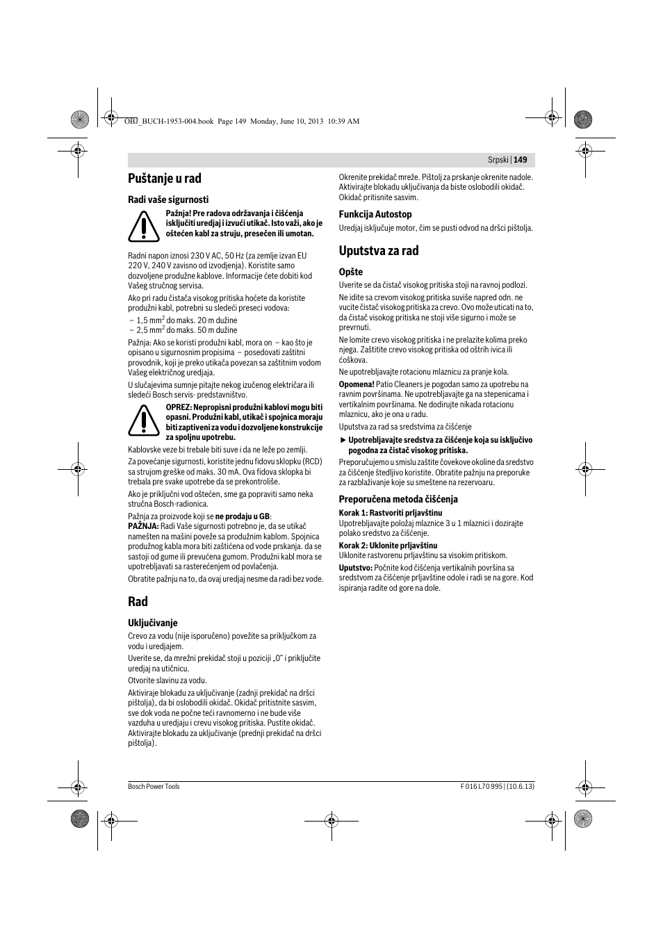 Puštanje u rad, Uputstva za rad | Bosch AQT 35-12 User Manual | Page 149 / 205