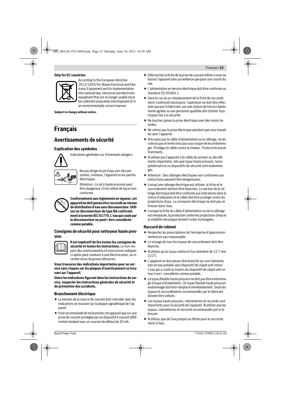 Français, Avertissements de sécurité | Bosch AQT 35-12 User Manual | Page 15 / 205