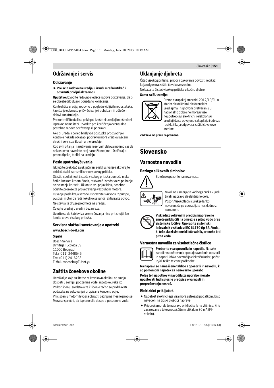 Slovensko, Održavanje i servis, Zaštita čovekove okoline | Uklanjanje djubreta, Varnostna navodila | Bosch AQT 35-12 User Manual | Page 151 / 205