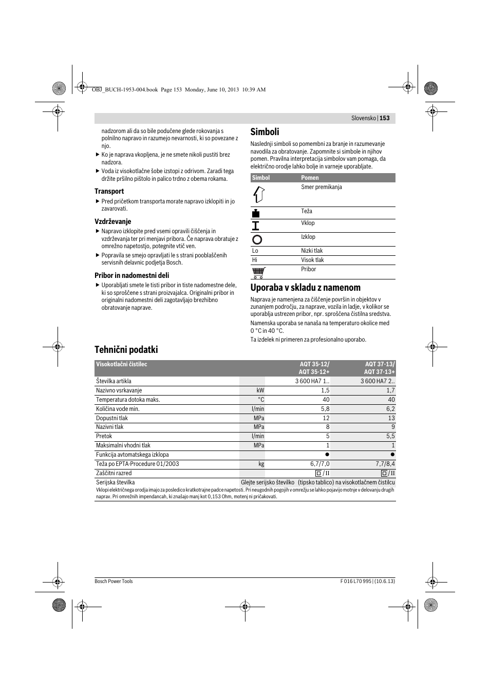 Simboli, Uporaba v skladu z namenom, Tehnični podatki | Bosch AQT 35-12 User Manual | Page 153 / 205