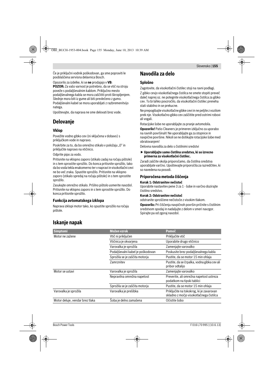 Delovanje, Navodila za delo, Iskanje napak | Bosch AQT 35-12 User Manual | Page 155 / 205