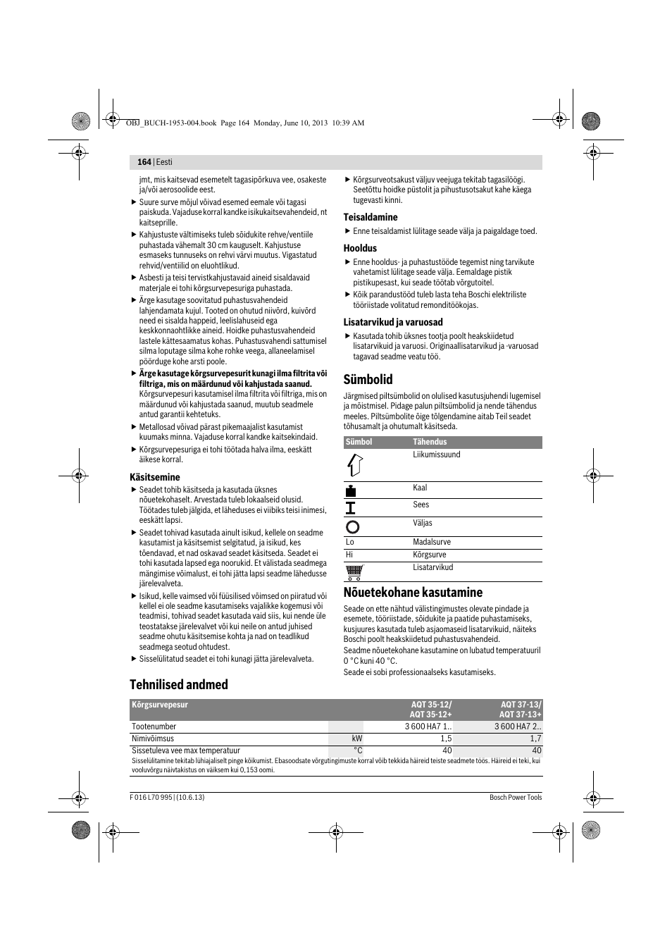 Sümbolid, Nõuetekohane kasutamine, Tehnilised andmed | Bosch AQT 35-12 User Manual | Page 164 / 205