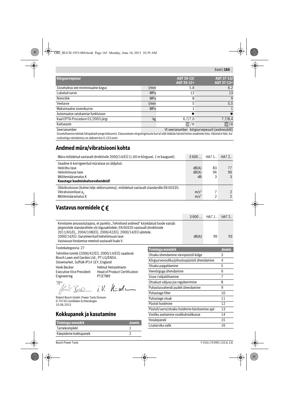 Andmed müra/vibratsiooni kohta vastavus normidele, Kokkupanek ja kasutamine | Bosch AQT 35-12 User Manual | Page 165 / 205